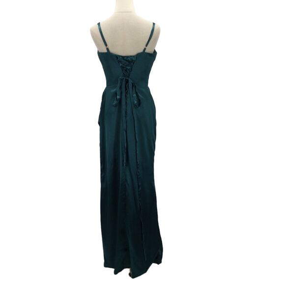 FORMAL PARTY SZ 8 M teal green satin cowl ruched prom maxi gown dress NEW B44 - Picture 2 of 9